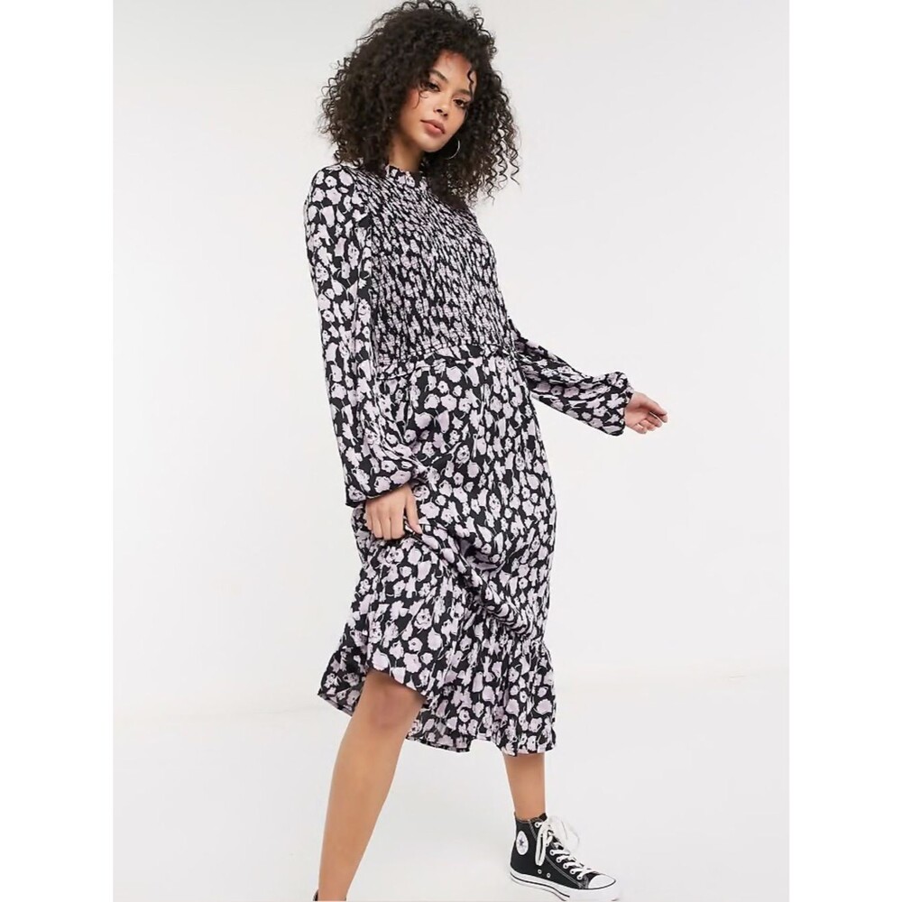 NWT Vero Moda Charlotte Black & Purple Lilac Floral Smock Midi Dress Size XS